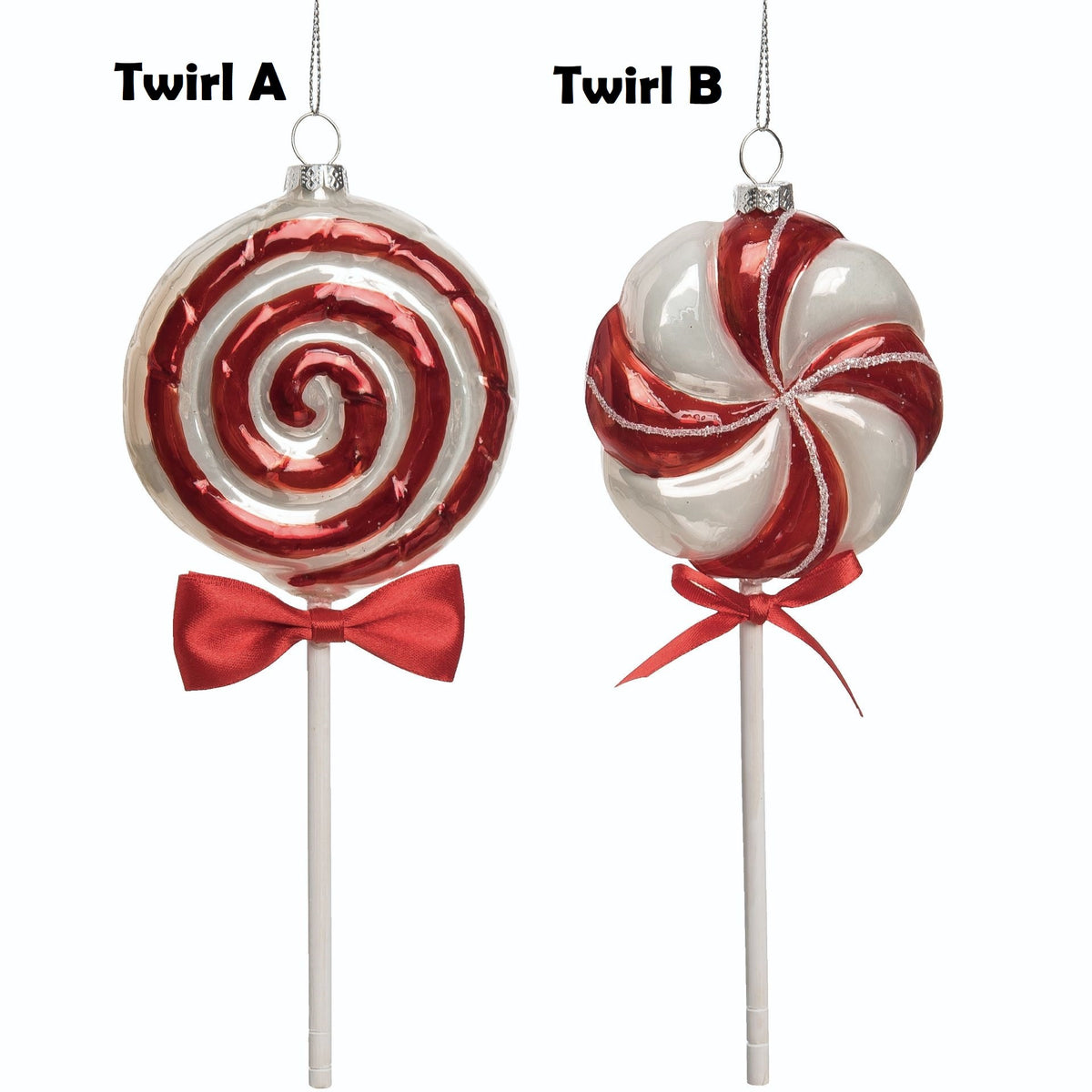Glass peppermint pop ornament with red and white striped candy cane pattern on a clear background.