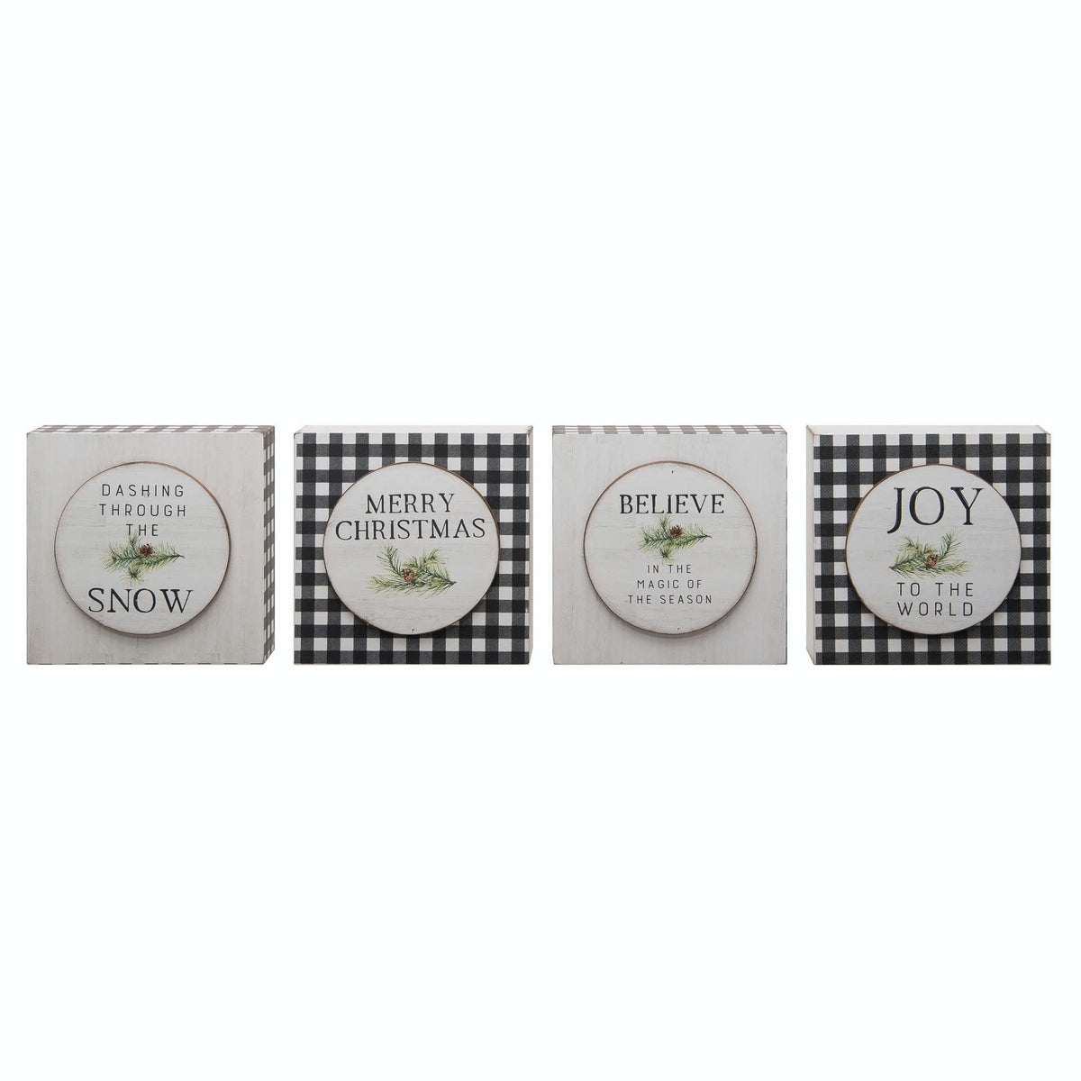 Wooden plaid block with dimensional texture in red, green, white, and black.