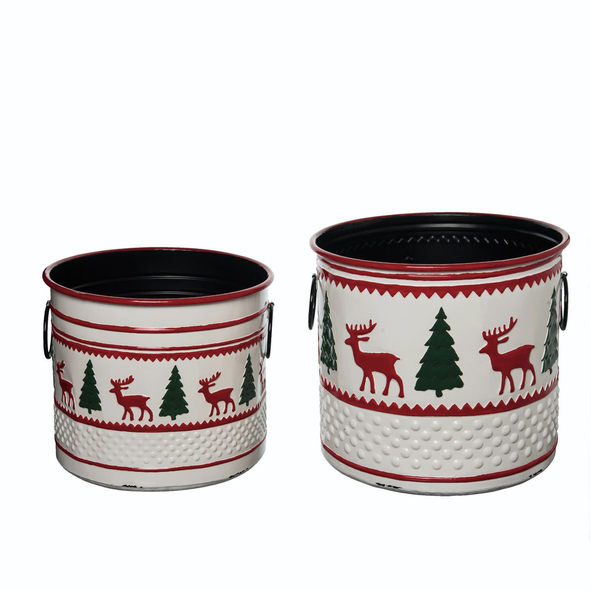 Metal enamel bucket with festive holiday decor pattern