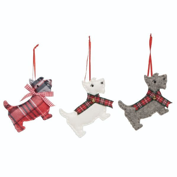 Polyester felt ornament shaped like a terrier dog with brown fur.