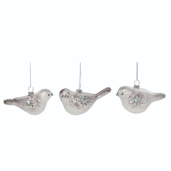 Glass white and grey bird Christmas tree ornament with a naturalistic silhouette.