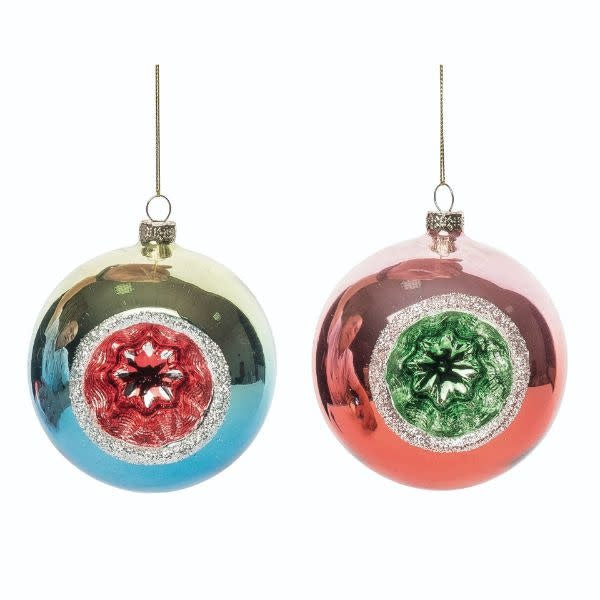 Glass retro round ornament with a spherical shape and smooth reflective surface.