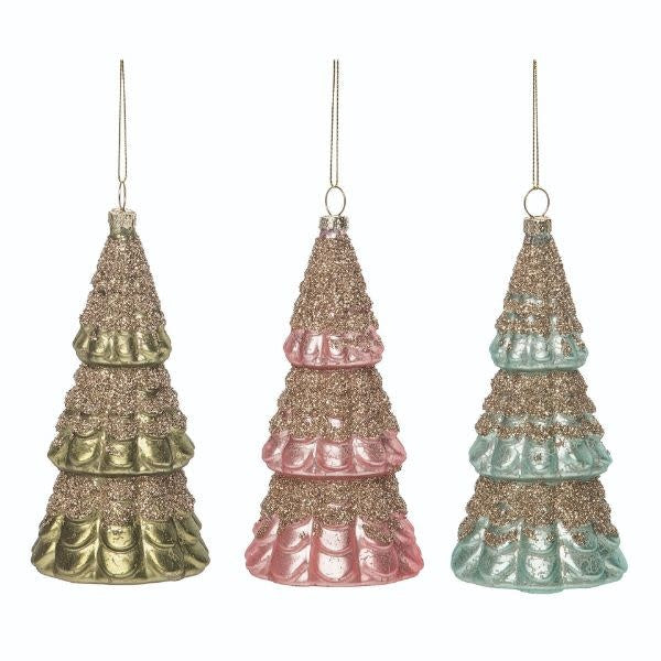Glass vintage tree ornament with a natural green hue, measuring approximately three inches wide.