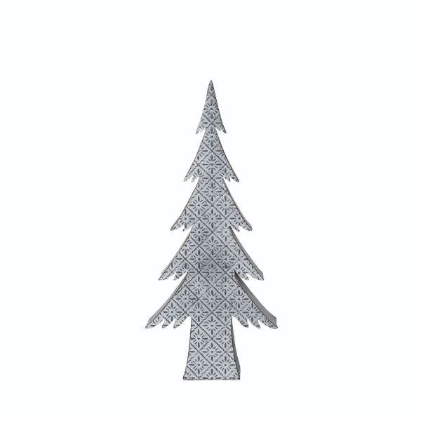 Metal punch tree ornament with a natural wood grain finish on an iron stand.