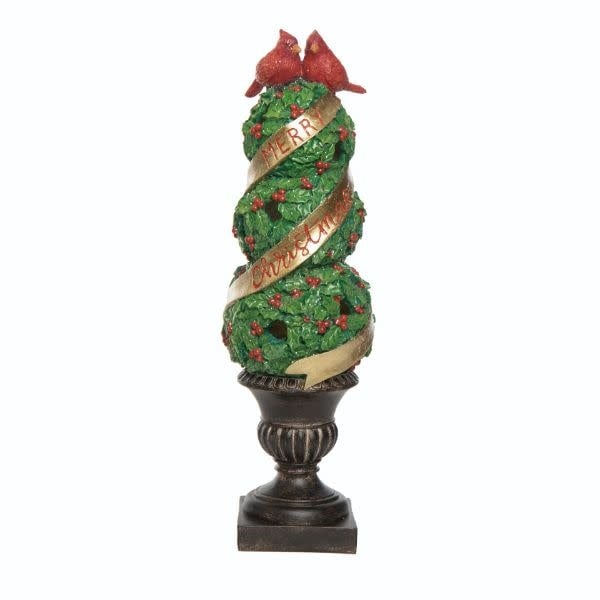 Resin cardinal topiary tree with red feathers in a green conical shape featuring built-in LED lights.