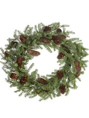 26-inch sage green spruce wreath decorated with natural pinecones.