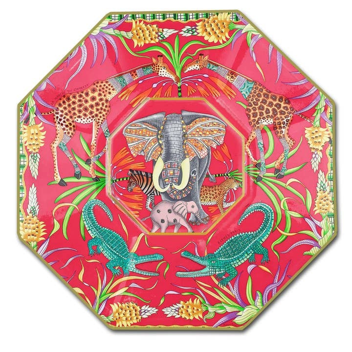Octagonal decoupage glass plate with hand-painted gold edges featuring floral artwork