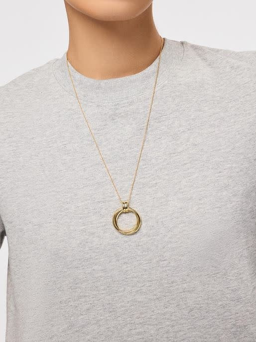 Gold-plated pendant necklace with two dangling rings on an adjustable linked chain.