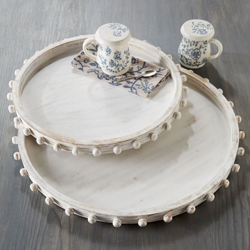 Nested white-washed mango wood serving tray with dimensional beaded rims.