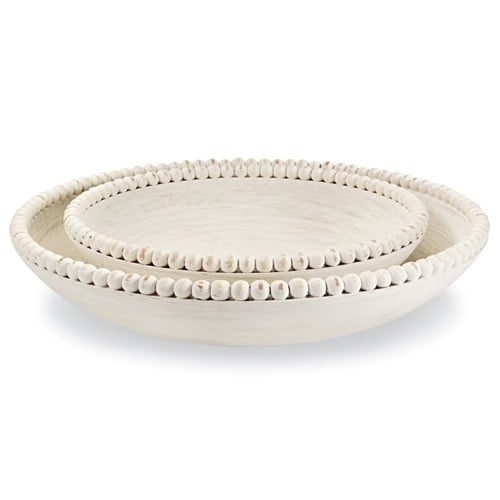 Large white-washed mango wood bowl with a beaded rim detail.