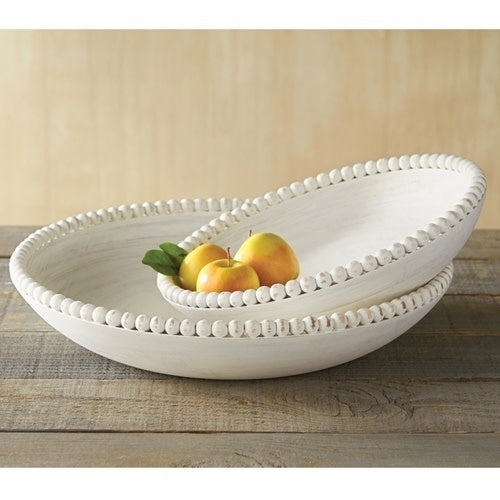 Large white-washed mango wood bowl with a beaded rim detail.
