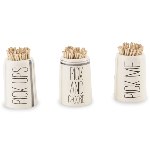 Ceramic bistro toothpick holder with debossed sentiment text, hand-painted stripes, and raised in-mold stud accents.