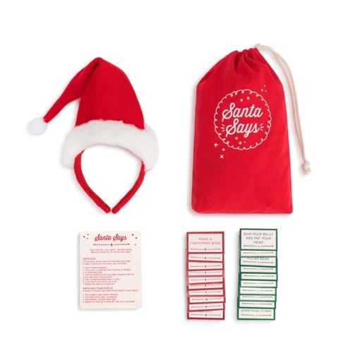 Santa Says Game set with festive headband, Santa bag, instruction card, and action cards.