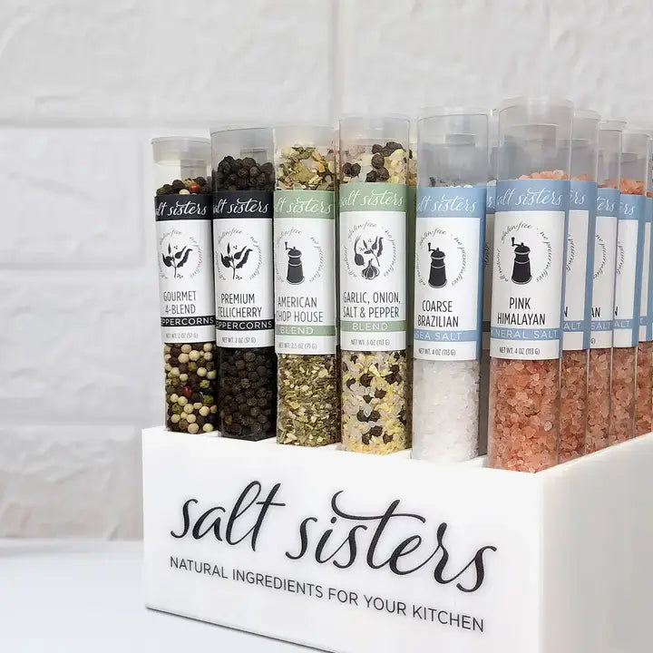 Four-Peppercorn Blend jar containing black, white, green, and pink peppercorns.