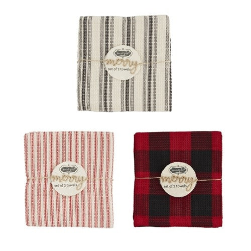 Black cotton waffle weave dishtowel with white stripe trim