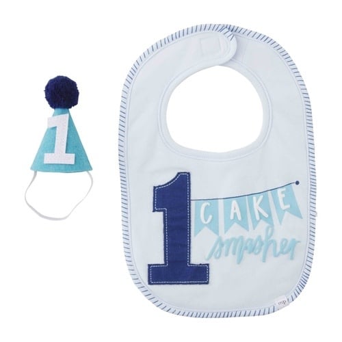 Banner Boy Cake Smash Set with appliqued bib featuring #1 text and coordinating felt party hat.