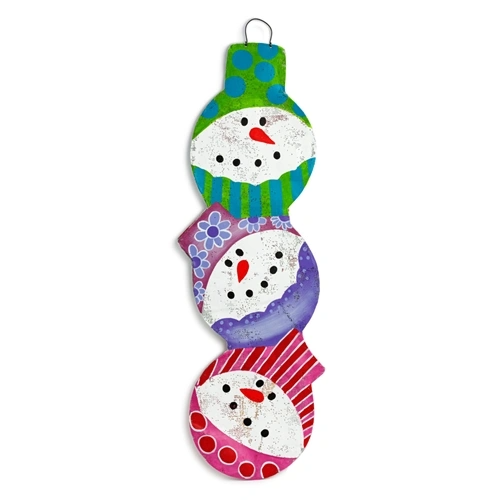 White aluminum reversible door hanger featuring snowmen and ornaments on a wire frame.