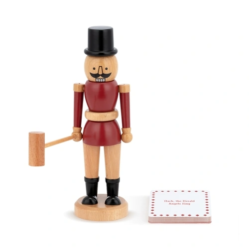 Wooden Get Crackin' Nutcracker game set with removable hammer, song cards, and festive character figure.