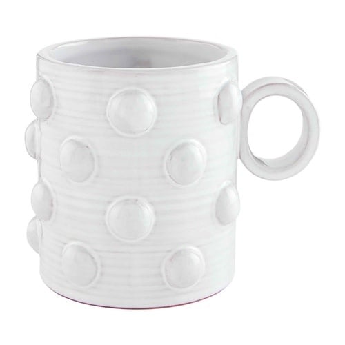 Glazed terracotta ceramic mug with white beaded decorative pieces on the bottom rim.