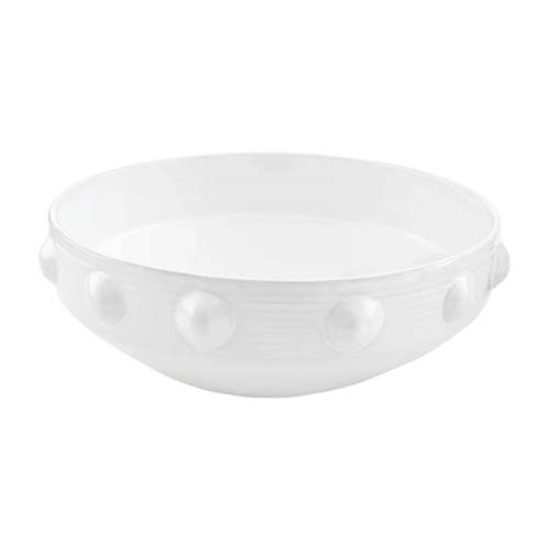 Glazed terracotta beaded serving bowl with a round shape.