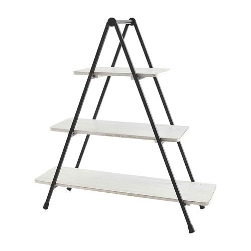 White three-tier metal server stand with removable mango wood shelves.
