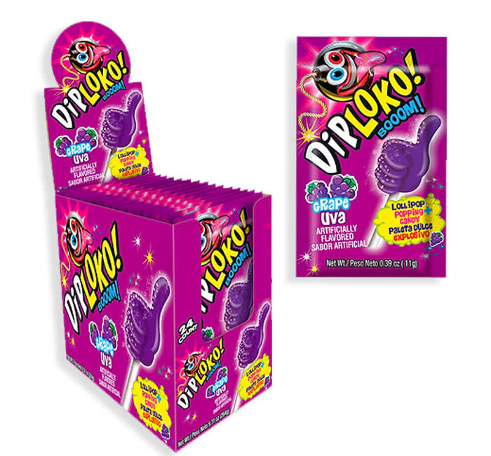 Dip Loko lollipop with popping candy in a clear wrapper showing the colorful treat.