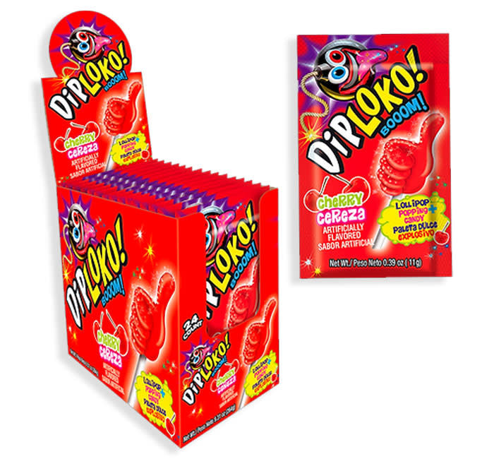 Dip Loko lollipop with popping candy in a clear wrapper showing red fruit flavor.