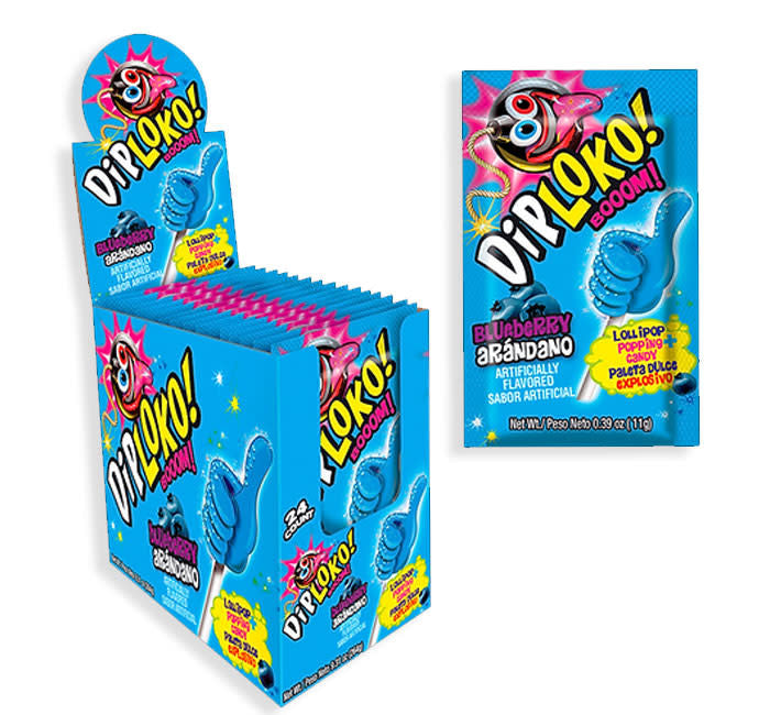 Dip Loko lollipop with popping candy in a clear wrapper showing the colorful treat inside.