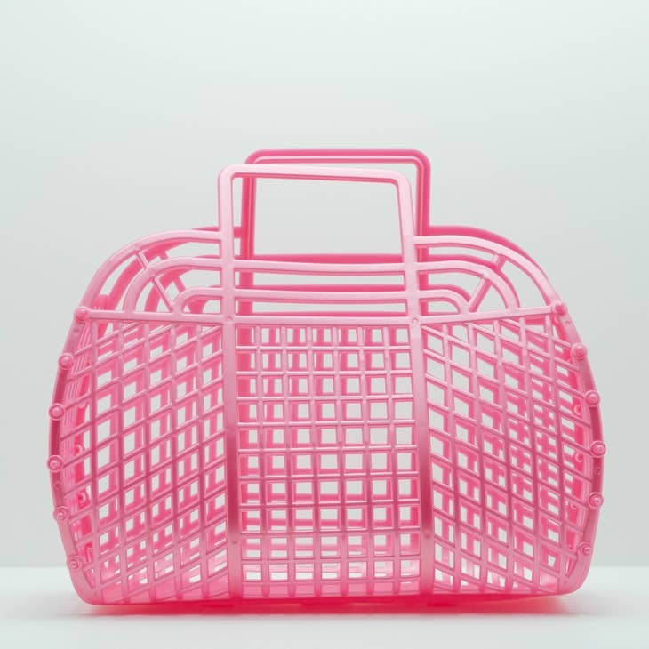 Large retro jelly basket in translucent blue with snap-bead construction.