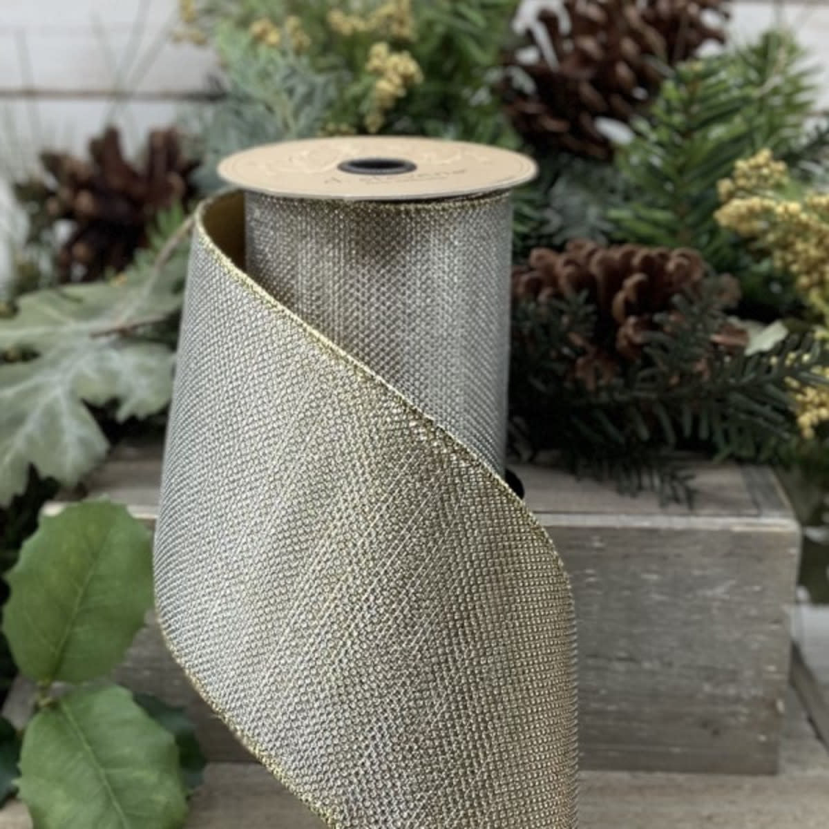 4-inch by 10-yard gold lame micro dot ribbon with silver dots