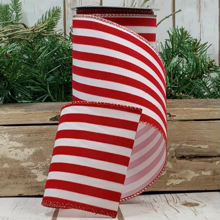 Red linen flocked sparkle stripe fabric roll with white stripes