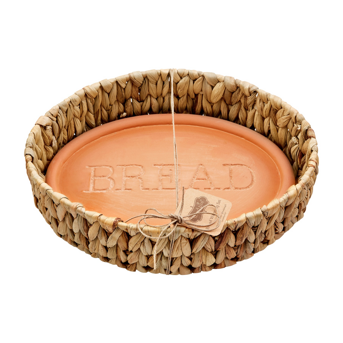 Oven-safe terracotta stone engraved with 'Bread' inside a water hyacinth basket.