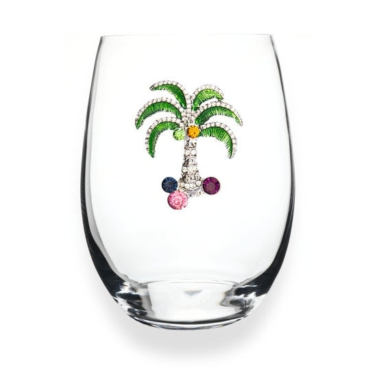 Handcrafted stemless wine glass with jeweled embellishments around the rim in clear crystal.