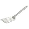 Black barbeque spatula with a long handle designed for turning food on the grill.