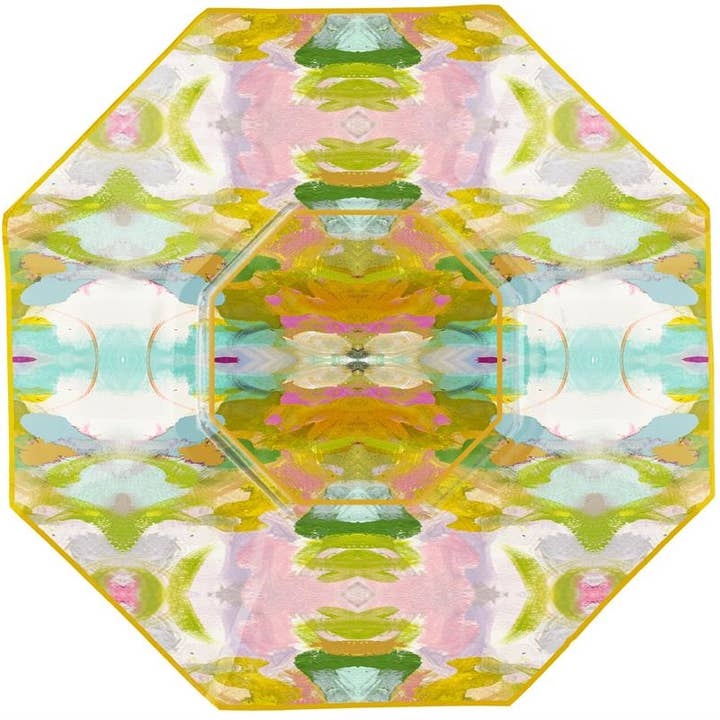 Octagonal decoupage glass plate with hand-painted gold edges featuring a floral artwork pattern.