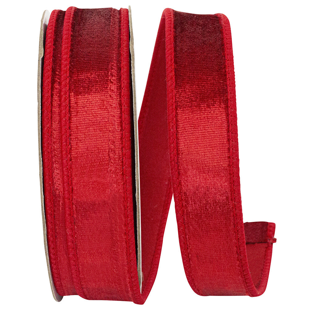 One-inch wide red plush velvet ribbon with a wired edge on a spool.