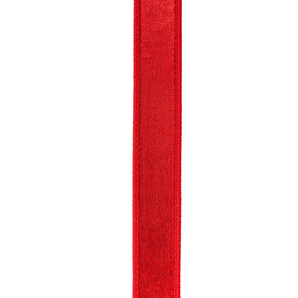 A one-inch wide red velvet ribbon with a shimmery finish and wired edges for shaping.