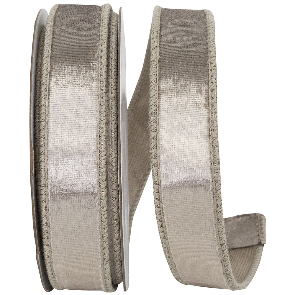 1-inch wide shimmery taupe velvet ribbon with a wired edge on a spool.