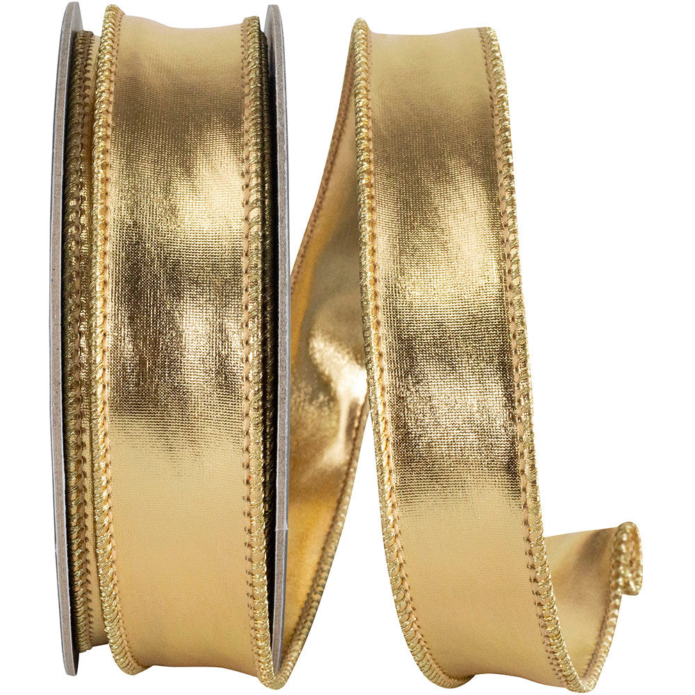 1-inch wide metallic gold wired edge ribbon with a lustrous finish on both sides.