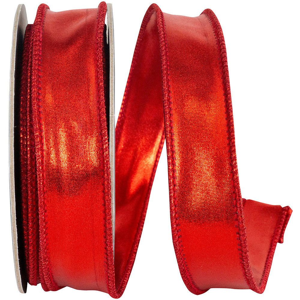1-inch wide red metallic wired edge ribbon on a spool.
