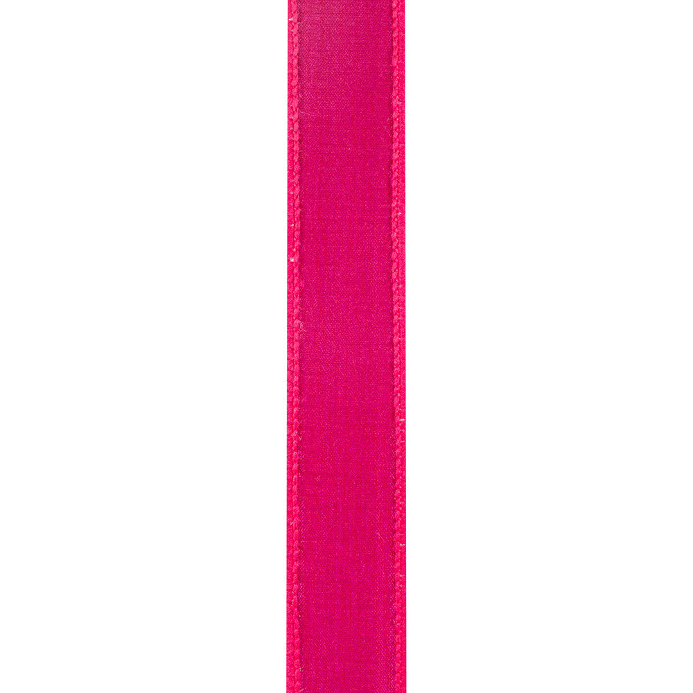 1-inch wide hot pink striped twill ribbon with wired edges and dupioni backing.