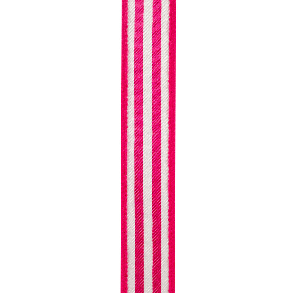 1-inch wide pink and white striped twill ribbon with a wired edge.