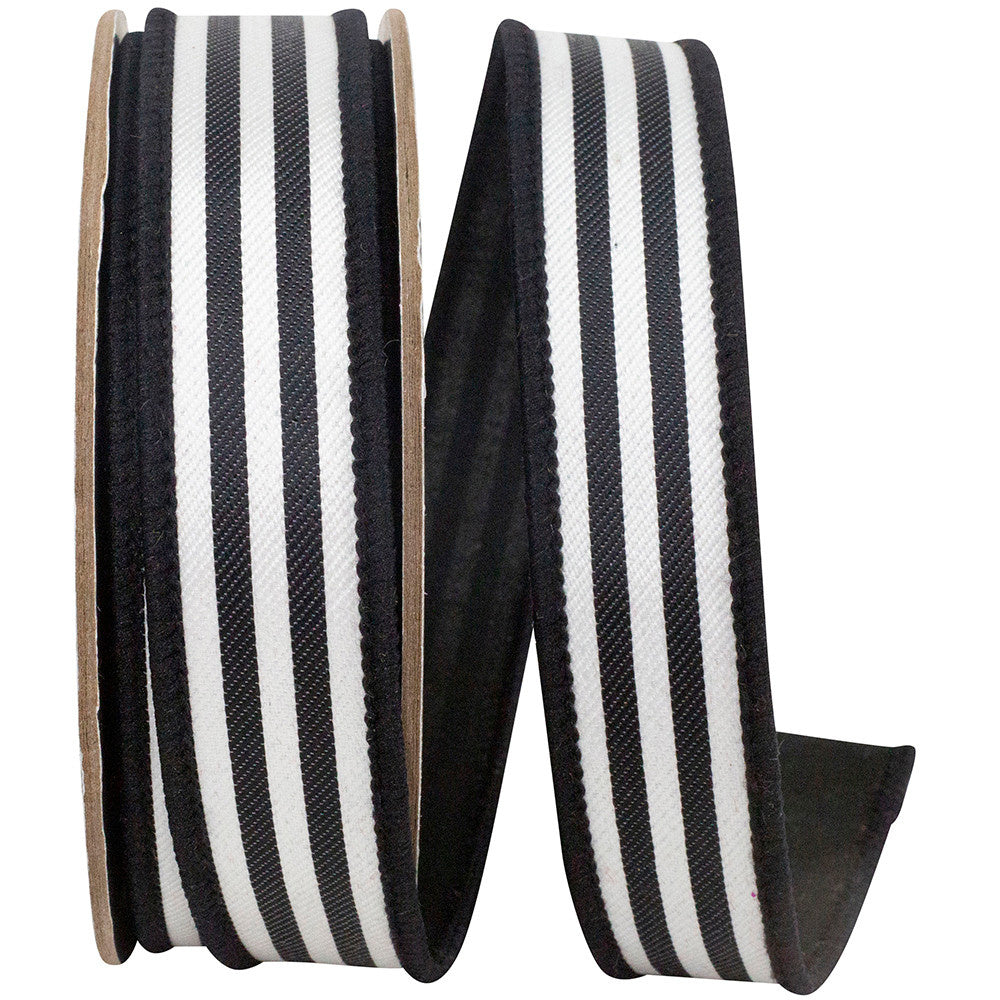 1-inch black and white striped twill ribbon with a dupioni backing and wired edges.