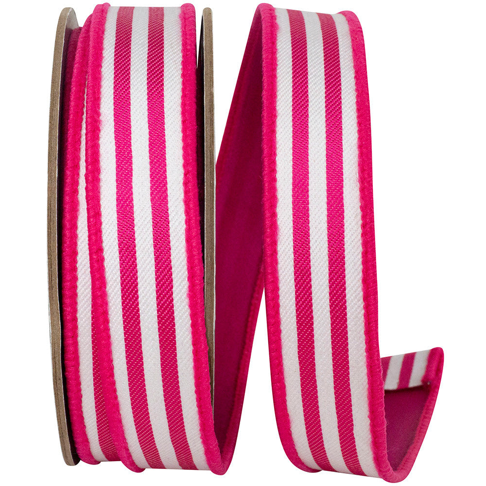 1-inch wide pink and white striped twill ribbon with a dupioni backing and wired edges.