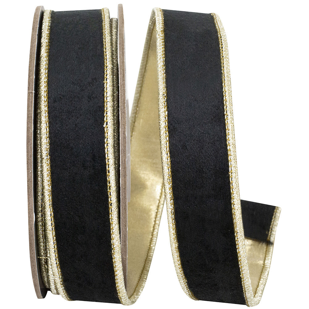 Black velvet ribbon with metallic gold dupioni backing and gold wired edges on a spool.