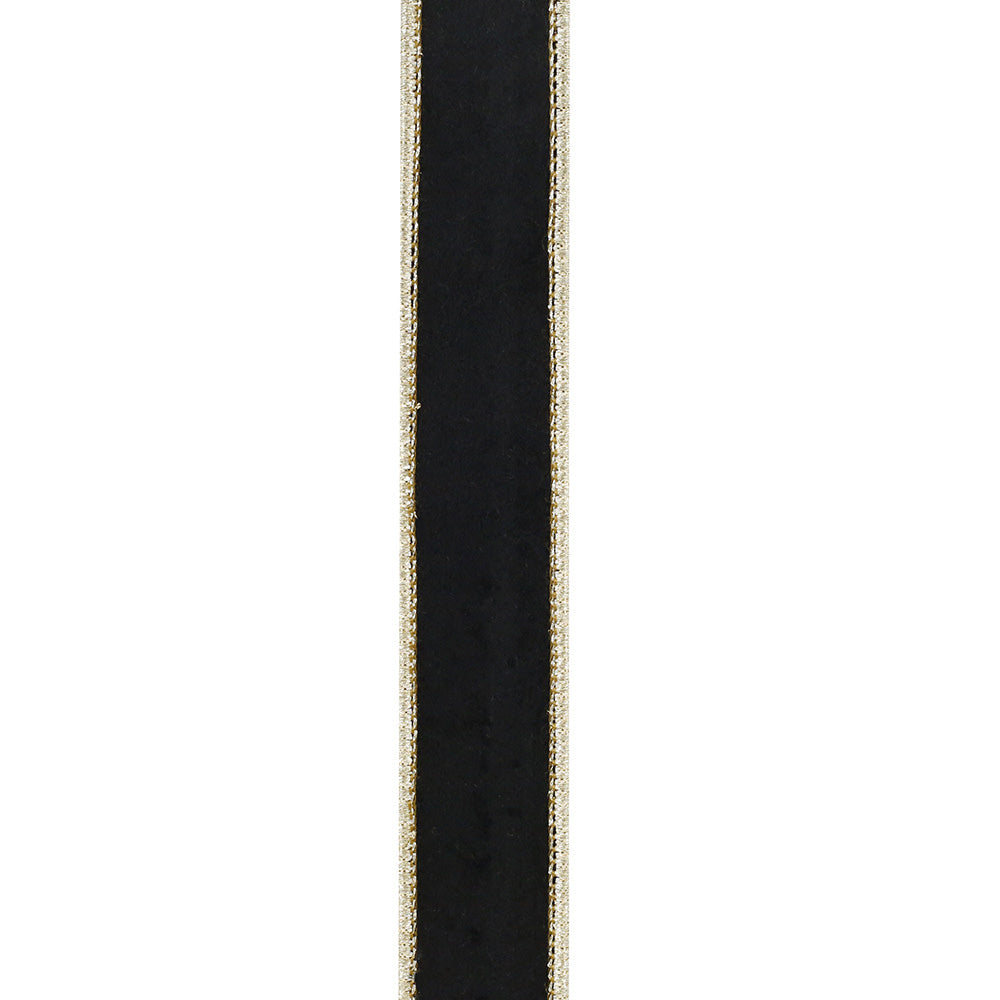 1-inch black velvet ribbon with metallic gold wired edges and a dupioni backing.