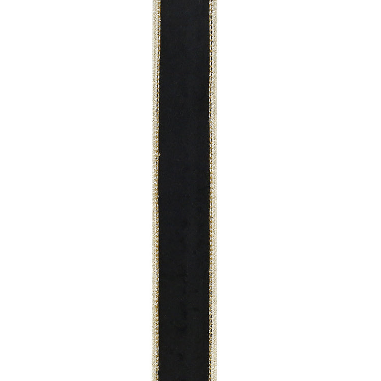 1-inch black velvet ribbon with metallic gold wired edges and a dupioni backing.