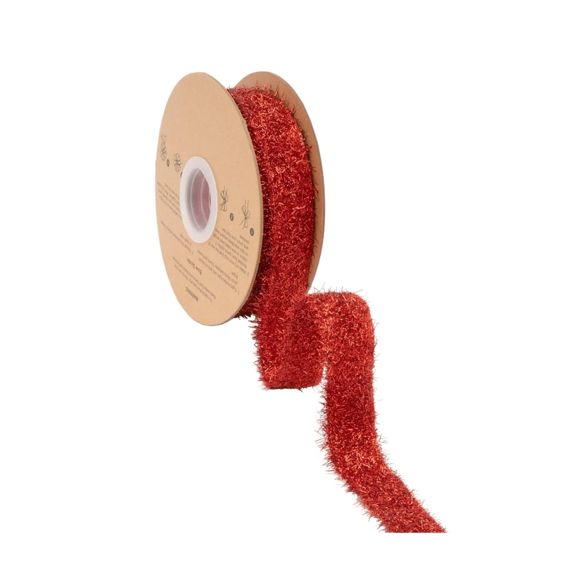 1.3 inch red tinsel wired ribbon on a 10 yard roll for holiday crafts and gift wrapping.