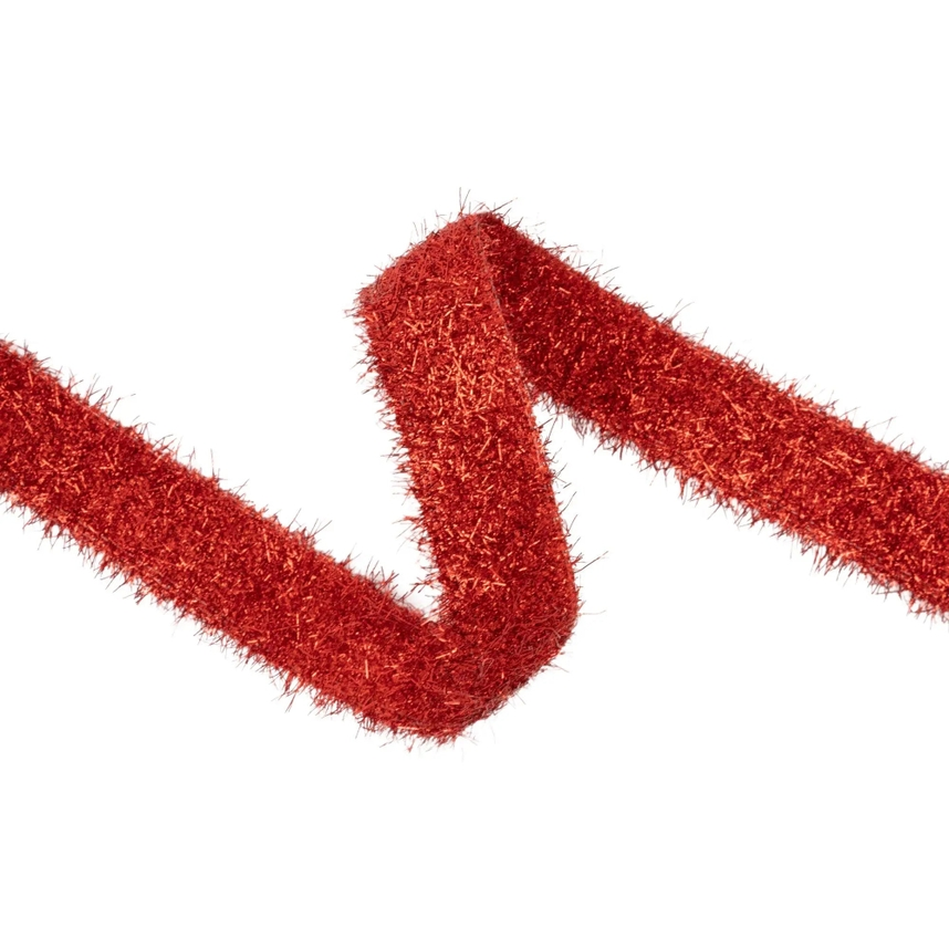 1.3 inch red tinsel wired ribbon with a sparkling finish, shown in a wavy pattern.