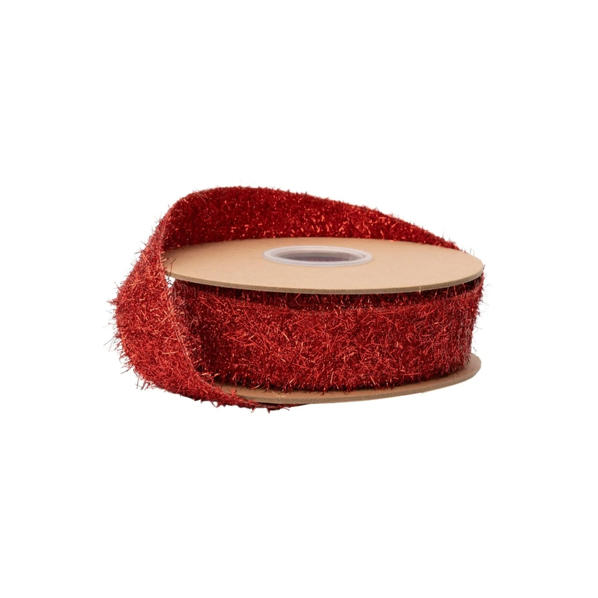 1.3 inch wired red tinsel ribbon on a 10 yard roll with a sparkling textured finish.